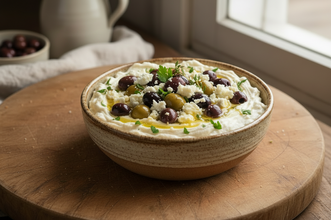 Honey Whipped Feta with Garlic Herb Roasted Olives